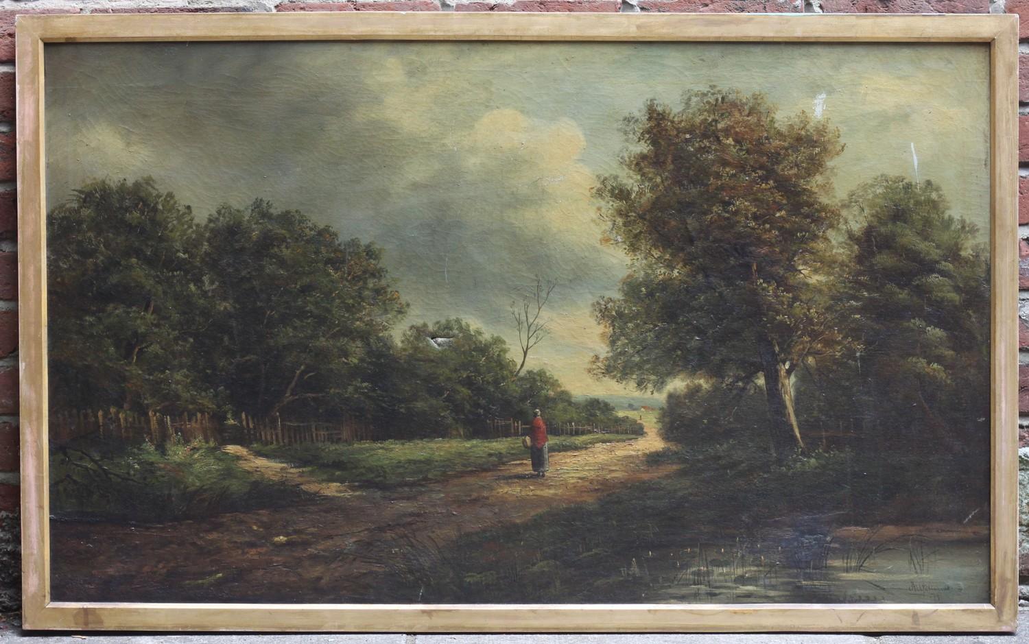 H. Williams (19th century) Country landscape scene with female figure on a path, signed and dated '