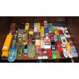 SECTIONS 43 & 44. Two shelves of toy cars in played with condition including Matchbox, Corgi and