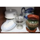 SECTION 11. An Ironstone blue and white pottery jug and bowl, white ceramic cake stand and cover,