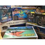 Various radio control toys including a Double Horse helicopter, Air Hogg helicopter, a flying UFO,