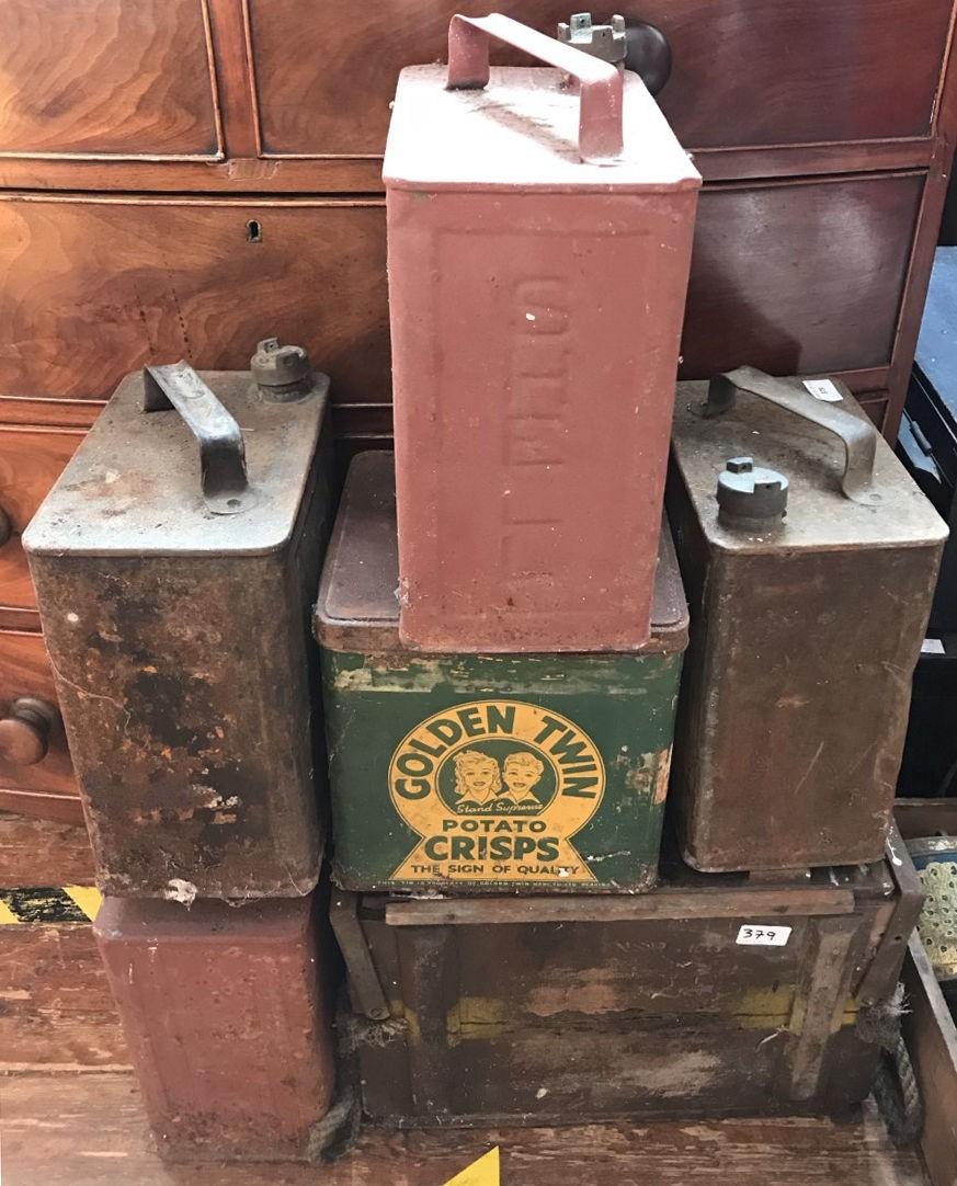 Four assorted vintage Shell and Esso petrol canisters and a small quantity of various car parts - Image 2 of 3