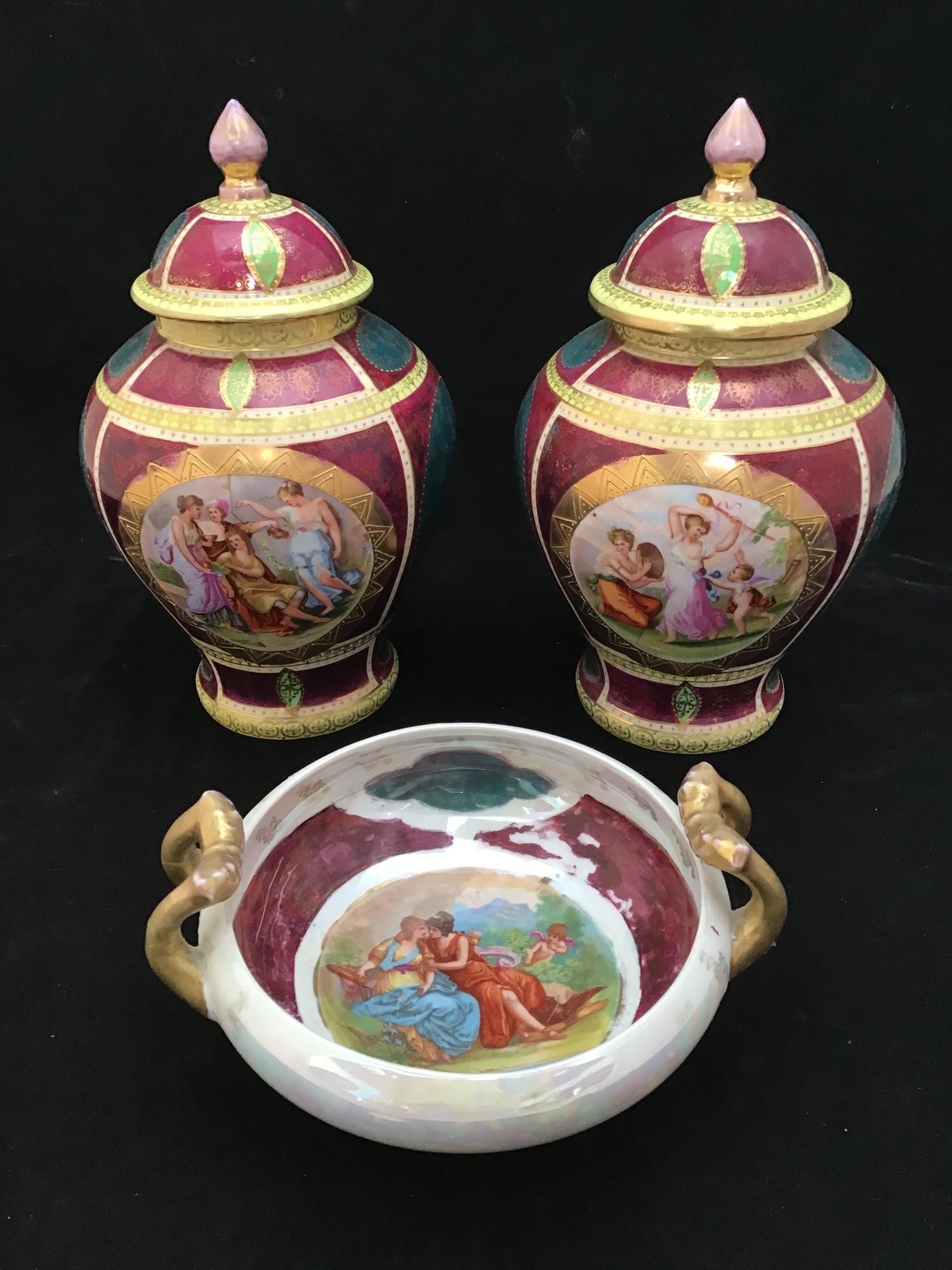 A pair of Royal Vienna porcelain jars with covers, of baluster form, panels painted with classical