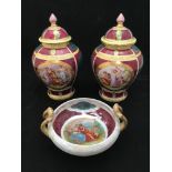 A pair of Royal Vienna porcelain jars with covers, of baluster form, panels painted with classical