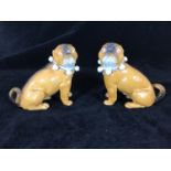 A pair of late 19th / early 20th century porcelain seated pugs with bell collars, in the style of