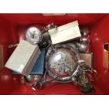 A quantity of assorted silver-plated items comprising teapots, a tray, tankards, goblets and a small