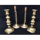 Two pairs of brass candlesticks, the tallest 30cm high
