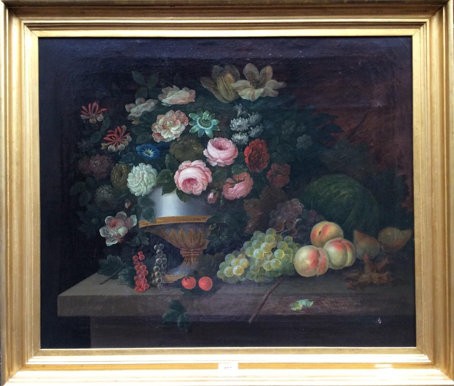 18th Century Dutch School. Still life of flowers and fruit on a table, in the manner of Pieter - Image 2 of 2