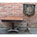 A 19th century lacquered brass and stained walnut adjustable pole screen with foliate hanging