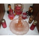 SECTION 28. An art deco pink glass centrepiece with central figure of a lady, together with two