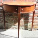 A George III mahogany demi-lune side table, the top with a parallel band of boxwood and ebony