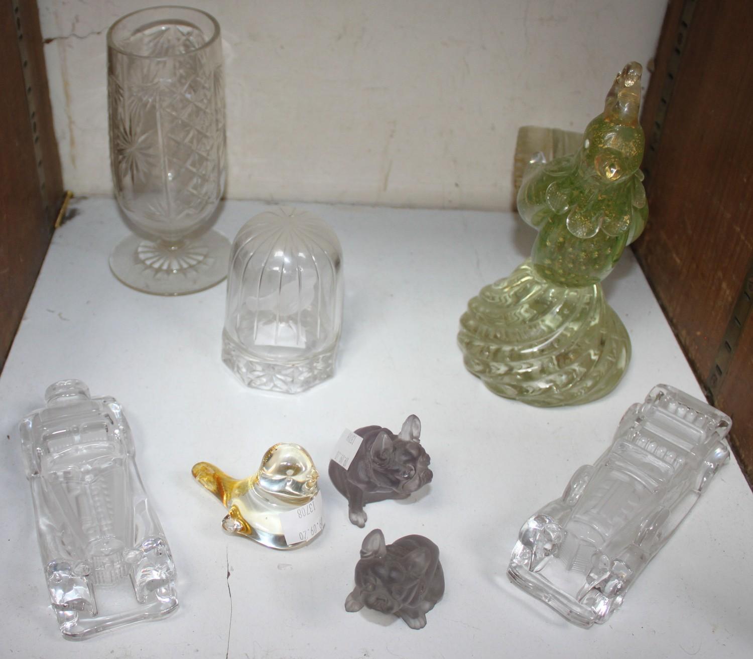 SECTION 24. Various glass items including a pair of French bulldogs, pair of classic cars, two