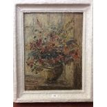 George Hann. Still life of flowers in a vase by window, signed, heavy impasto oil on board, 51x39cm,