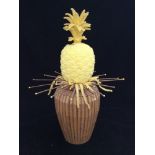 Max Hymes - 'Pineapple Finial' (Yellow) 2008, ceramic beads, wicker, pins and walnut, 59.1 x 59.