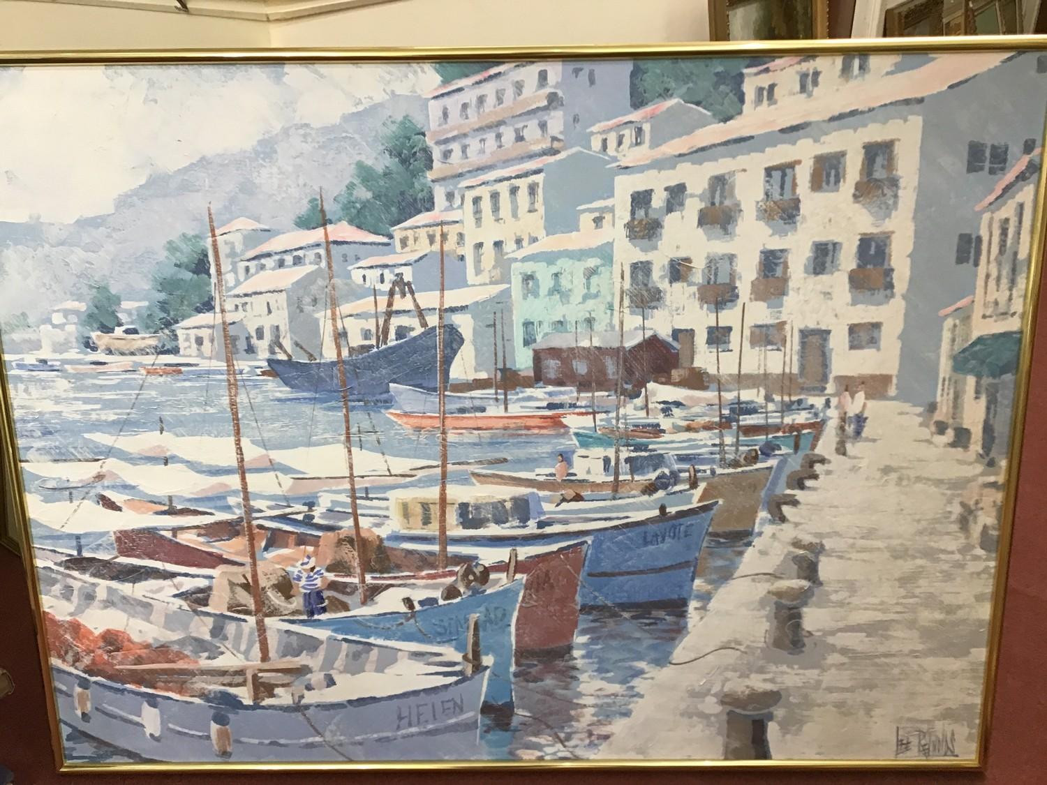 Lee Reynolds (20th Century) Mediterranean scene with boats in harbour, signed, oil on canvas, 84 x