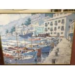 Lee Reynolds (20th Century) Mediterranean scene with boats in harbour, signed, oil on canvas, 84 x