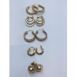 Five pairs of assorted 9ct gold earrings. Total weight 10.2 grams. Including 4 pairs of hoop