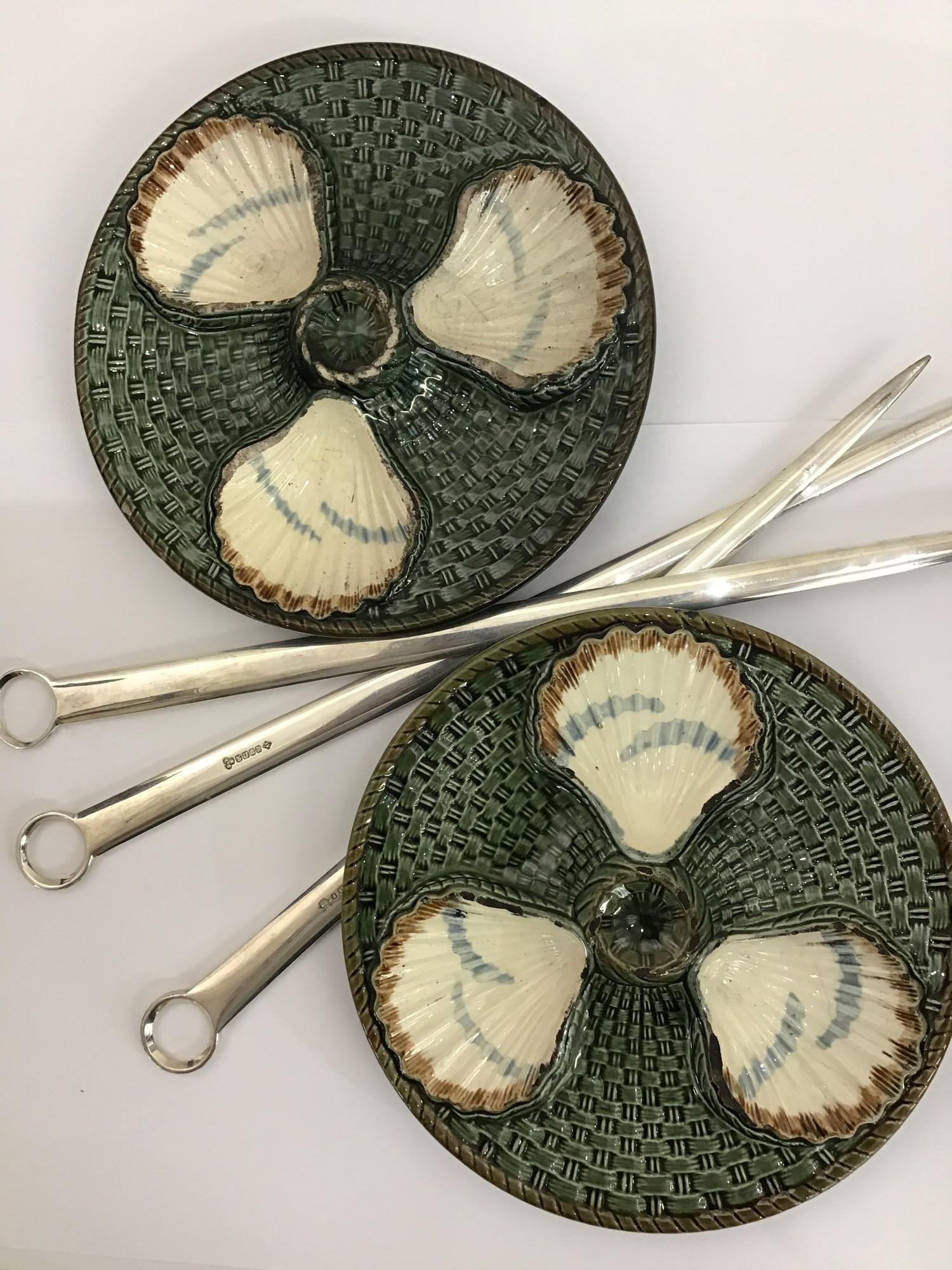 A pair of 19th Century French Longchamp Terre de Fer, three section, Majolica pottery oyster dishes,