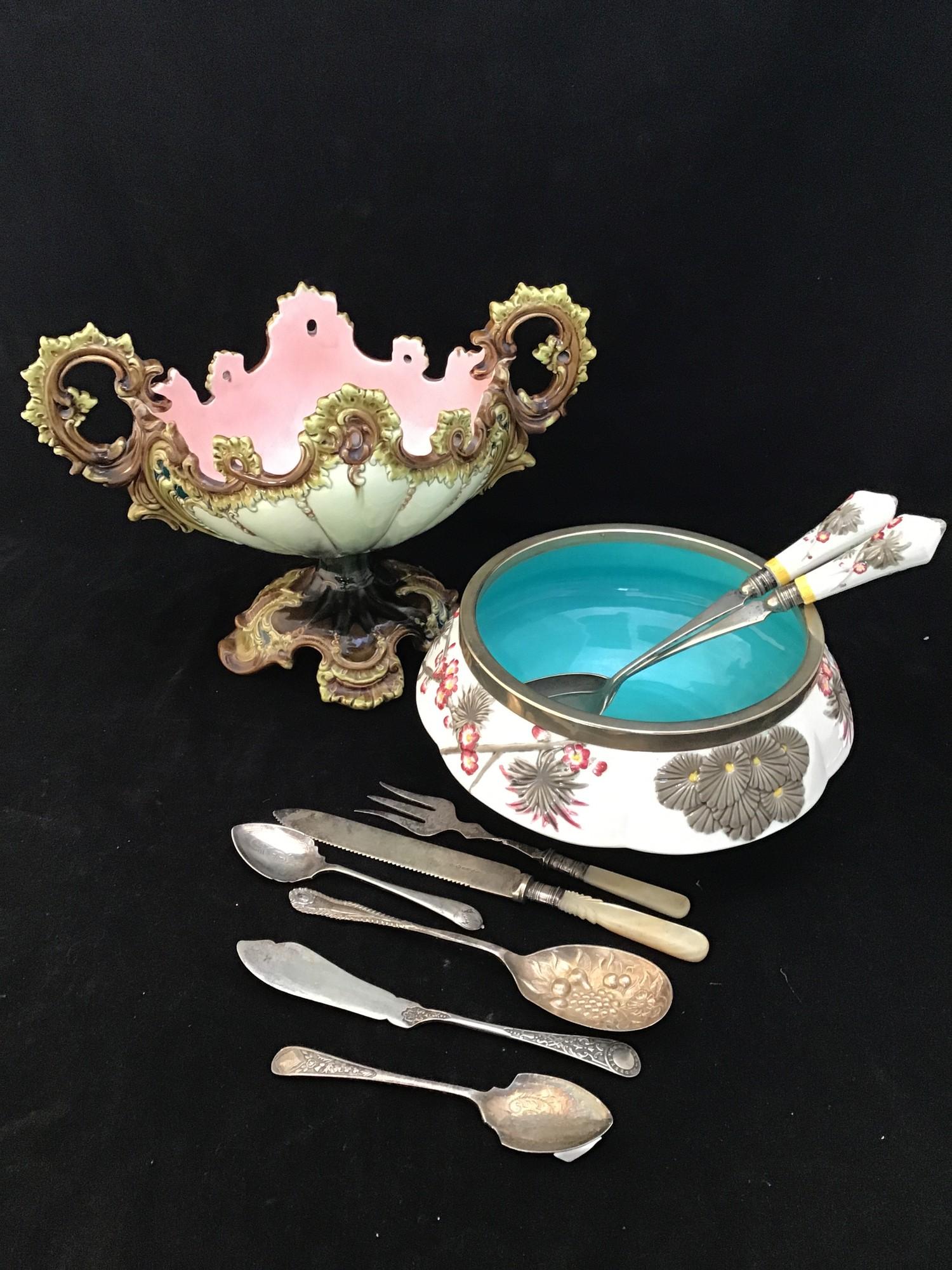 A Wedgwood pottery majolica salad bowl with silver-plated rim and a pair of plated and ceramic