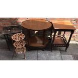 A stained walnut oval two-tier occasional table, Edwardian square walnut two-tier table, oriental