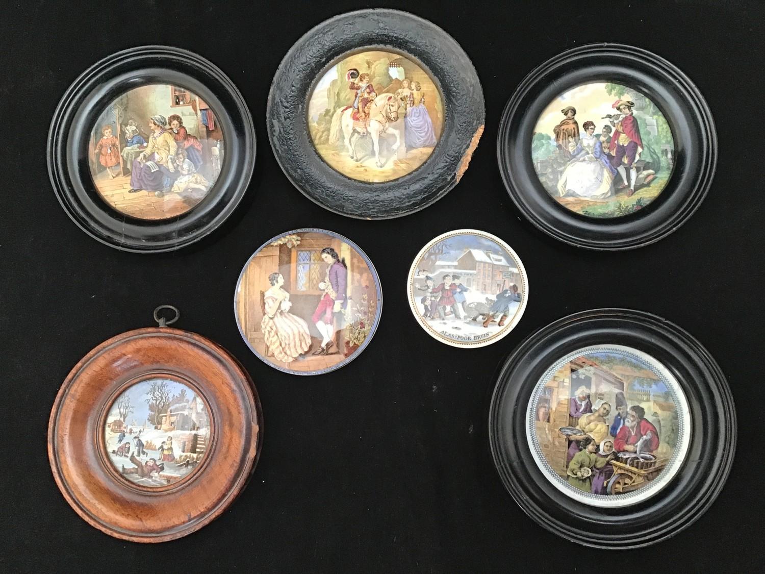 Seven Prattware pot lids including 'Hide and Seek', 'The Cavalier', 'The Flute Player', 'The Fish