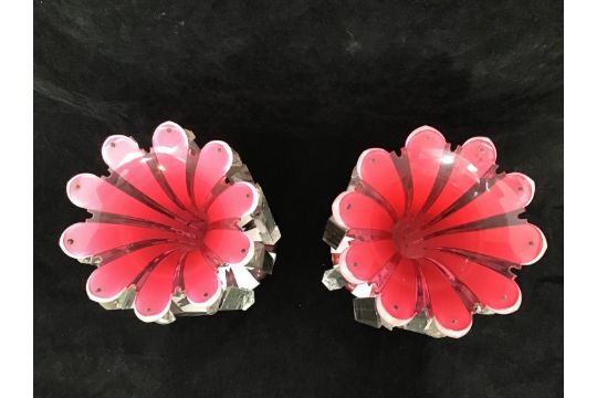 A near pair of Victorian bohemian cranberry and white overlay glass lustres with scalloped rims, - Image 2 of 5