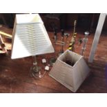 Five assorted table lamps including a pair of glass examples with square shades and three brass