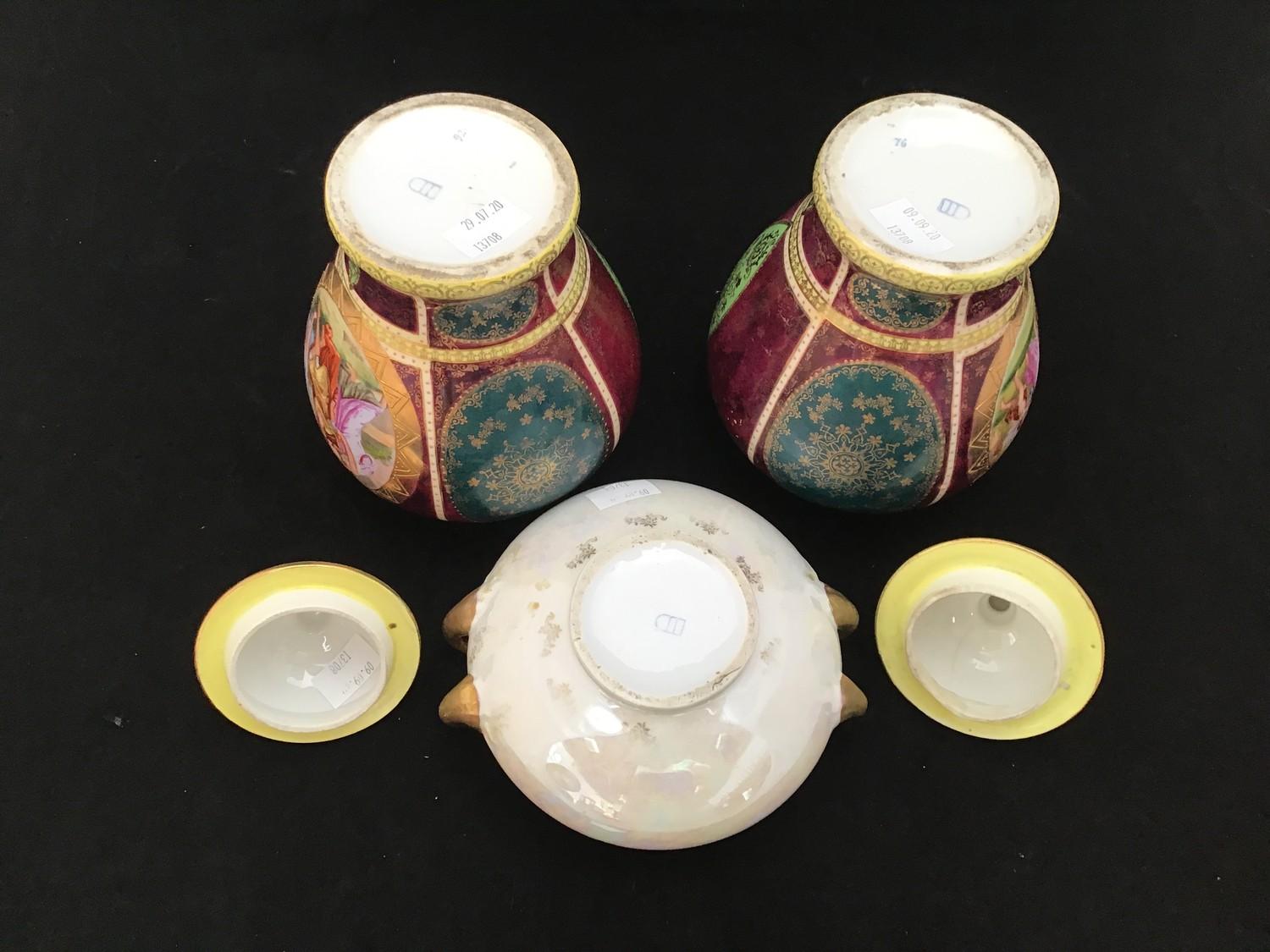 A pair of Royal Vienna porcelain jars with covers, of baluster form, panels painted with classical - Image 3 of 4