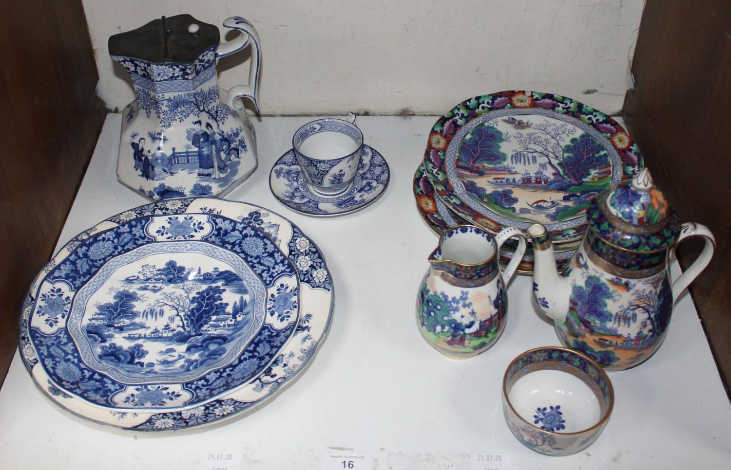 SECTION 16. A Booths 'Ming' coloured pattern coffee pot, jug, sugar bowl and two plates, together