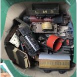 A collection of Tin Plate railway items including trains, carriages/wagons, track, platform,