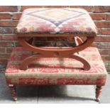 Two various upholstered footstools one on turned supports and castors, the other on 'X' frame