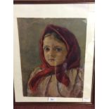 20th Century School. Head and shoulders portrait of a young girl swearing a red headscarf, signed