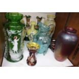 SECTION 27. A quantity of coloured glass jugs and vases including a Royal Brierley iridescent red