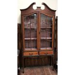 An Edwardian mahogany two-door display cabinet in the Sheraton Revival style, with swan-neck