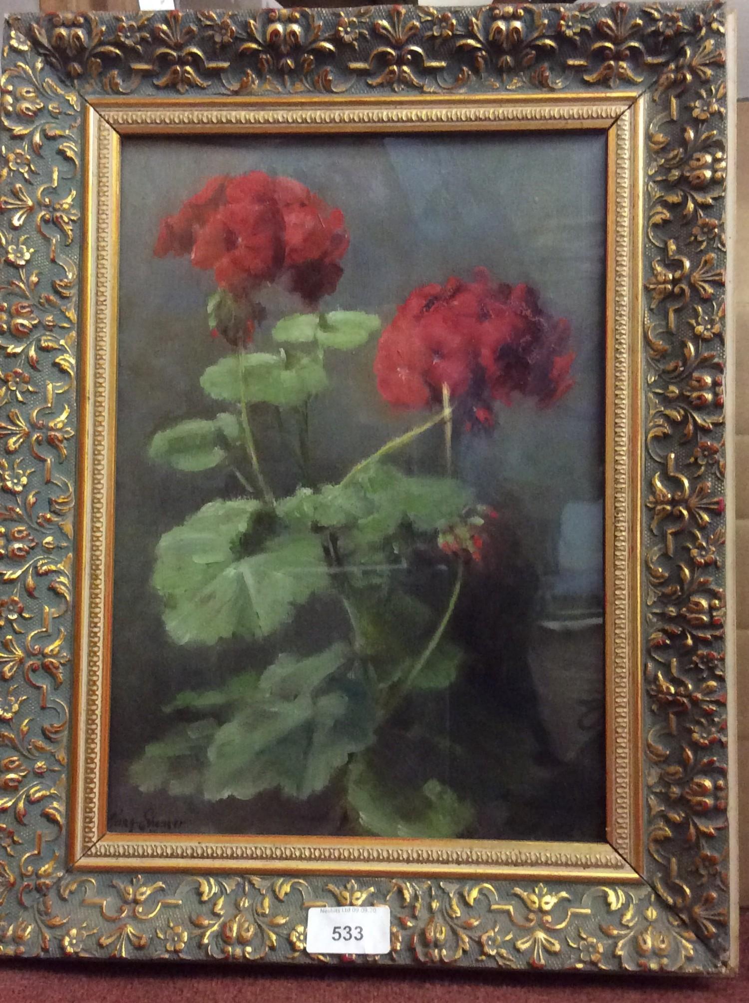 Rose Shearer (20th C), Still life study of Geraniums, signed, oil on canvas, in glazed giltwood