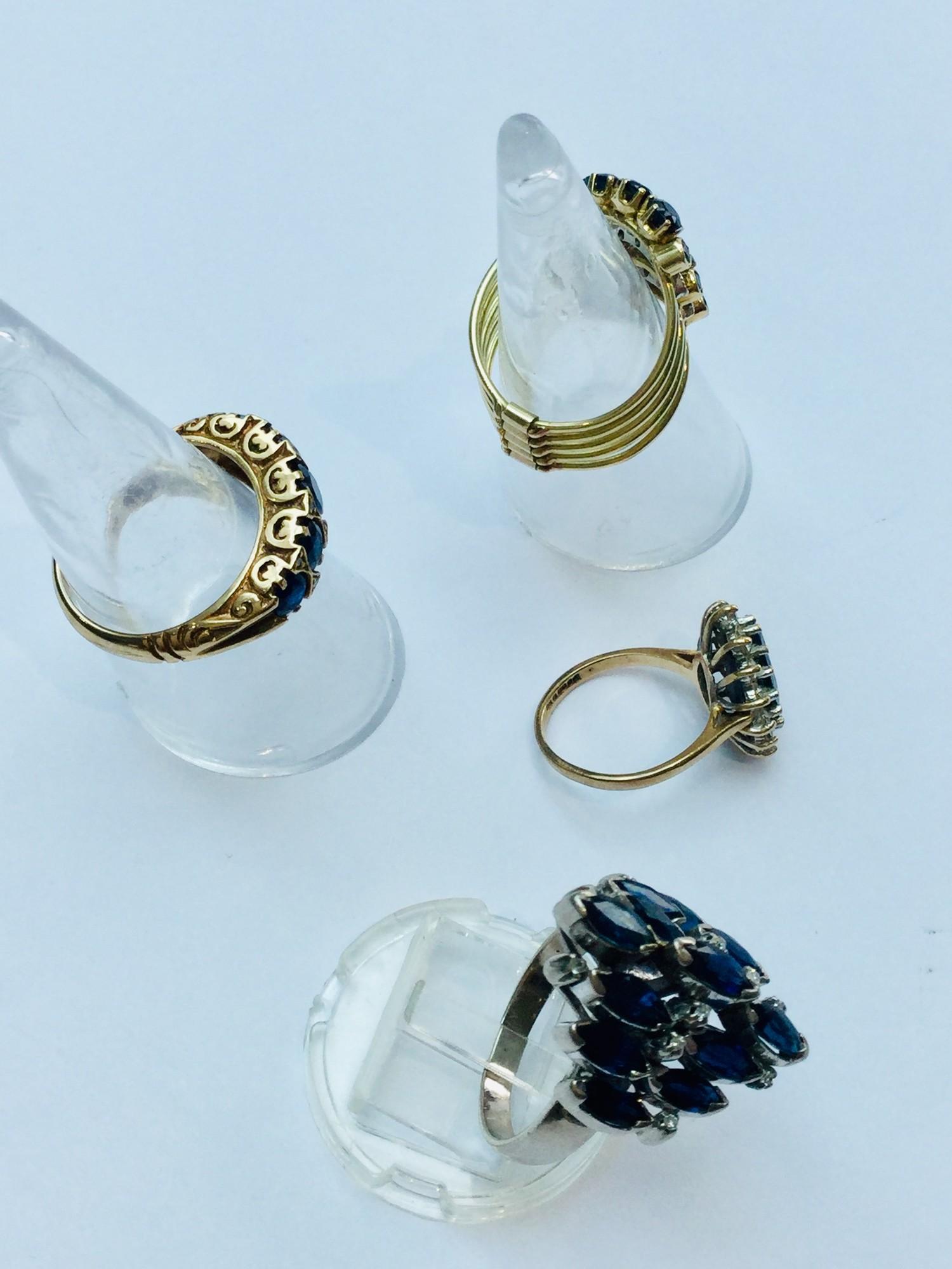 A collection of gold sapphire rings. Including 3 x 9ct yellow gold, and 1 x 18ct white gold ring. - Image 2 of 2