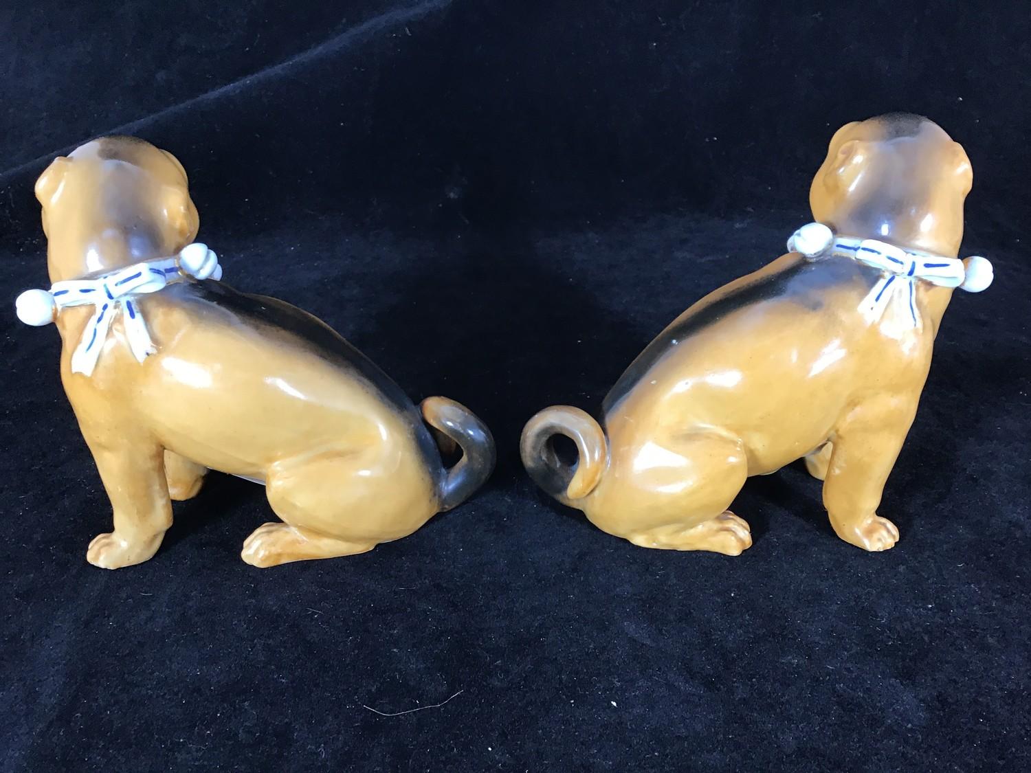 A pair of late 19th / early 20th century porcelain seated pugs with bell collars, in the style of - Image 2 of 5