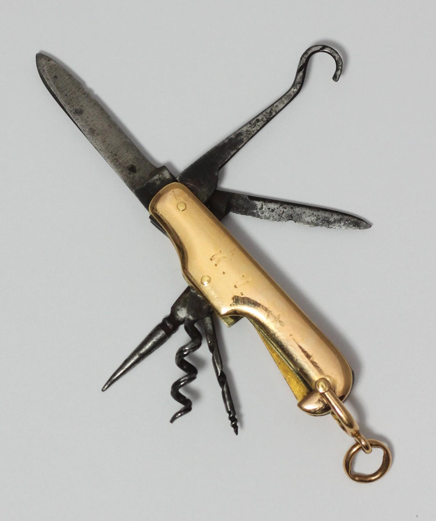 An 18ct gold multi-tool pocket knife by Sampson Mordan & Co. with knife and corkscrew etc. One - Image 2 of 2