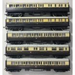 Five unboxed Hornby "OO" gauge First/Third/Restaurant white & brown GWR carriages