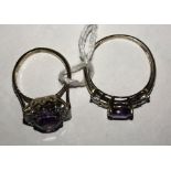 Two 9ct yellow gold dress rings. The oval amethyst is in a square platinum set top with small