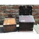 An early 17th century carved and stained oak candle box, carved with auricular decoration, sloped