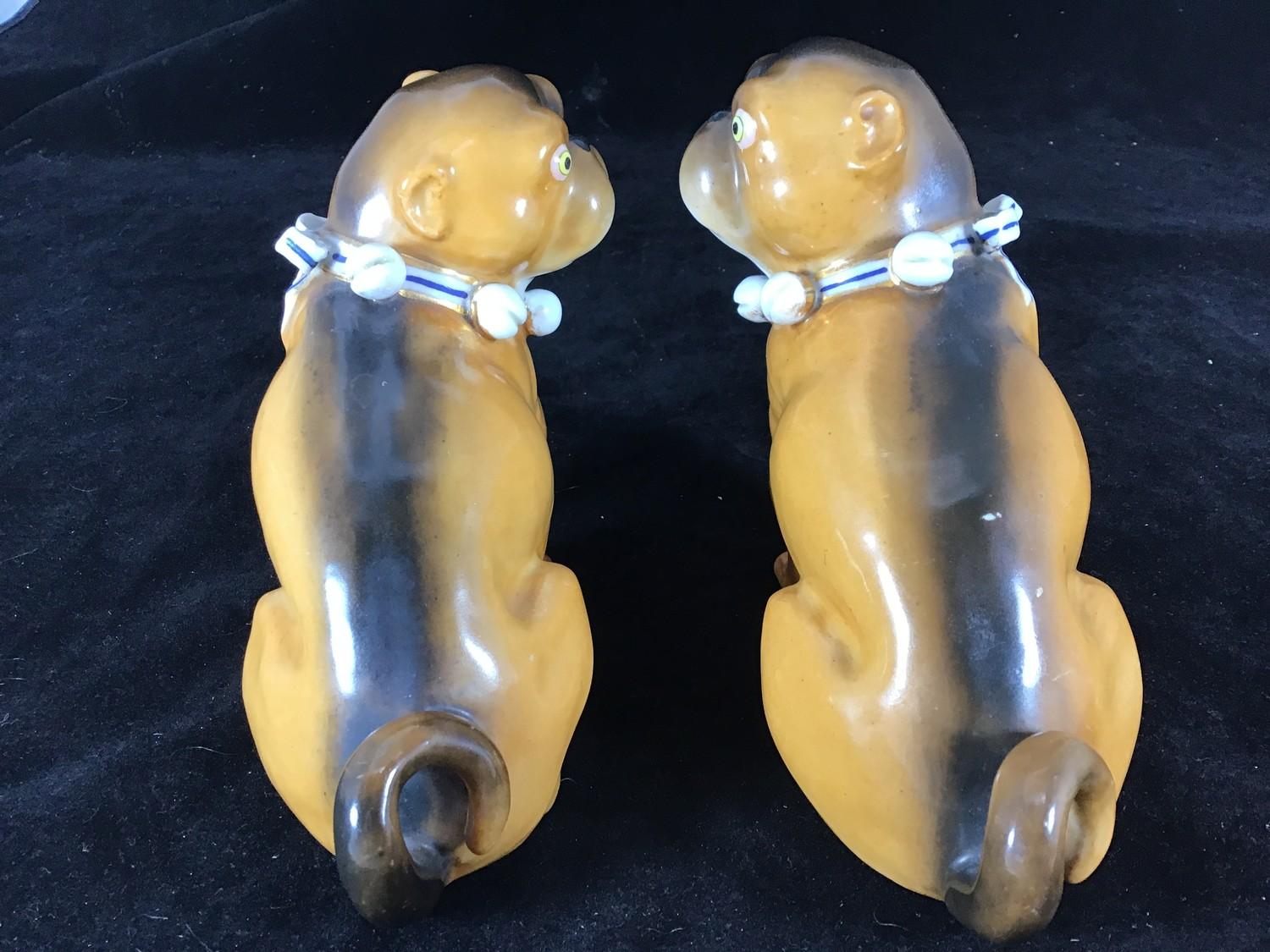 A pair of late 19th / early 20th century porcelain seated pugs with bell collars, in the style of - Image 5 of 5