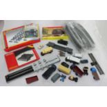 Various Hornby accessories and trackside items including cars/trucks, track, crossing, bridge etc