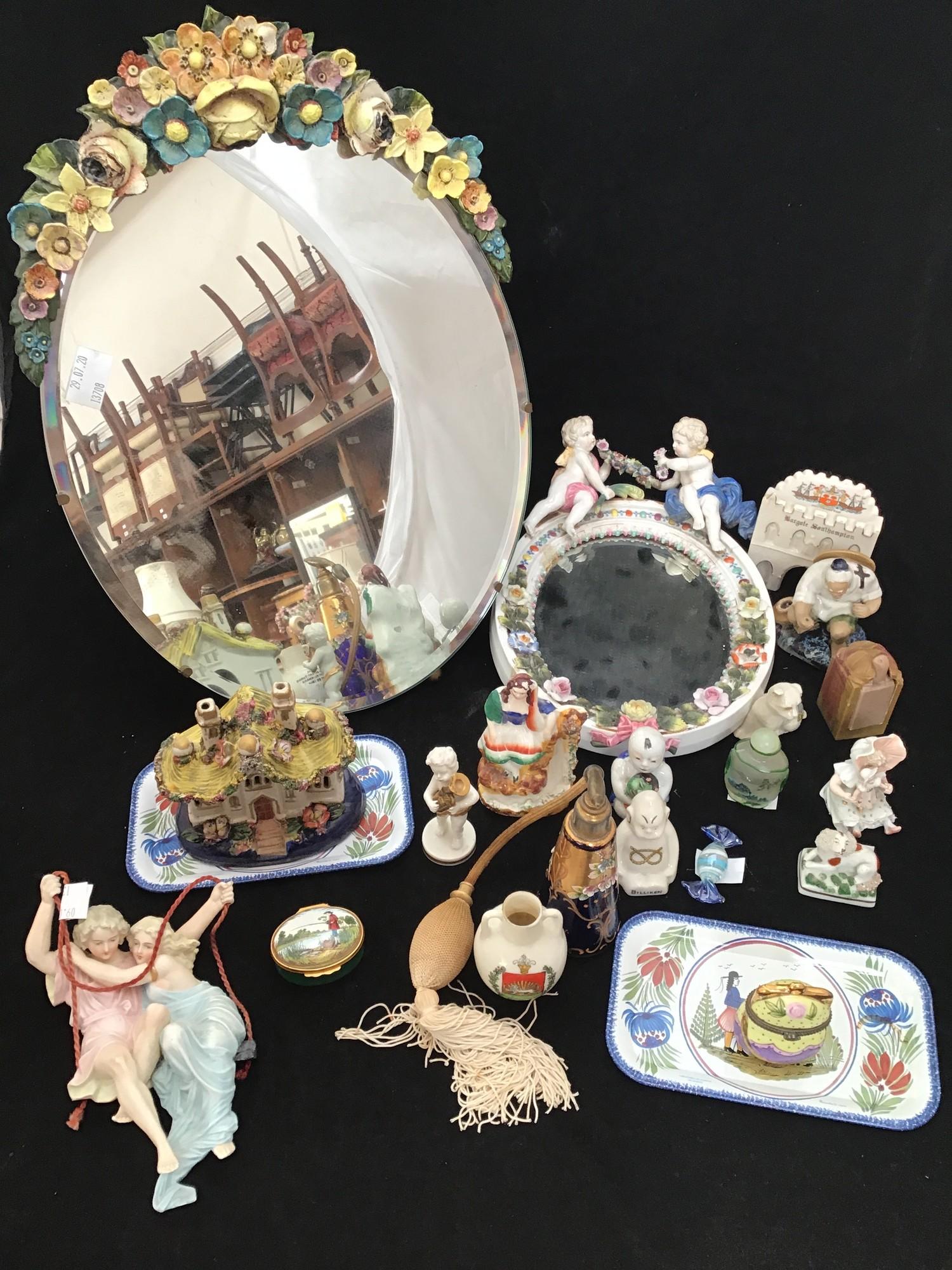 A quantity of ceramics including a Sitzendorf mirror with cherubs atop (af), a small Sitzendorf dog,