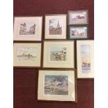 Three watercolour studies of Emsworth Sailing Club and High Street, together with five limited