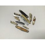 A collection of 12 assorted pen knives including two mother of pearl examples with silver blades and