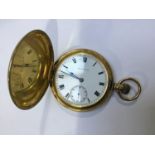 An 18ct gold full hunter pocket watch by Waltham, the white enamel dial with Roman numerals denoting
