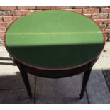 A nice quality mahogany folding demi-lune card table, with cross-banded top, green baize, beaded