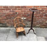 A stained mahogany torchere stand, with reeded support to tripod base, together with a child's