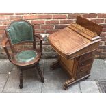 An inlaid burr walnut and oak Davenport (af), 56cm wide, together with a green leather upholstered