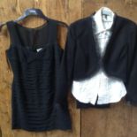 Vintage 'Lafayette 148' trouser suit, size 6US trousers and 8US jacket, and white ruffle shirt
